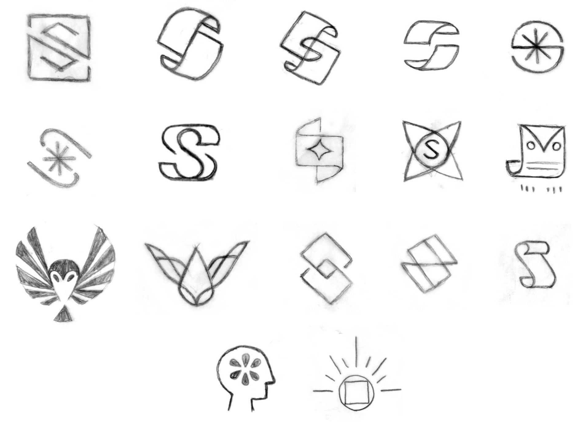 An array of sketched logo ideas for Smartpress lined up in four rows.