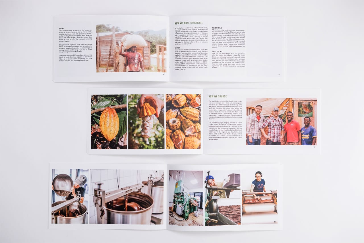 Three custom booklets laying open to imagery and content about making chocolate and coffee.