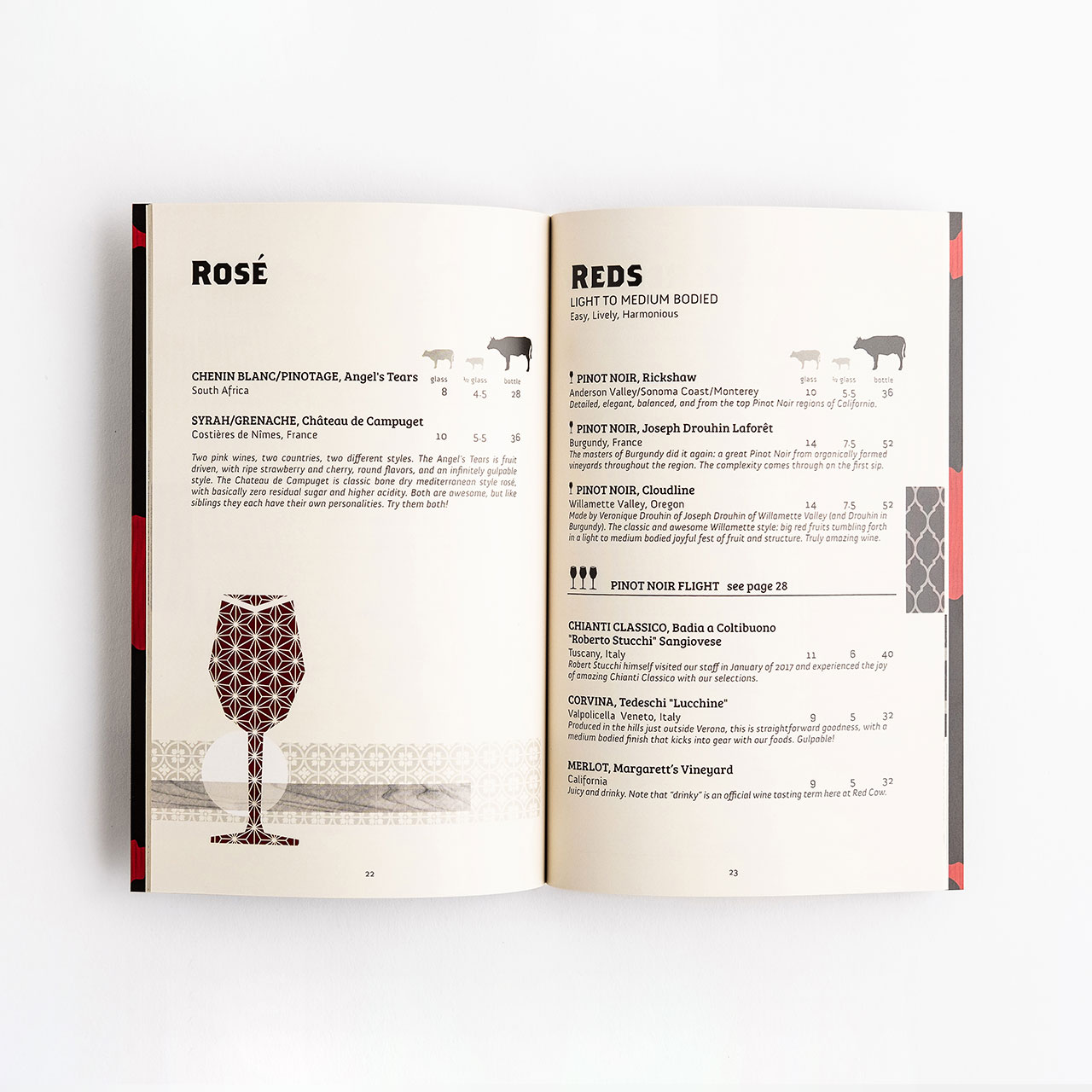 A custom drink menu printed with wine offerings and details.