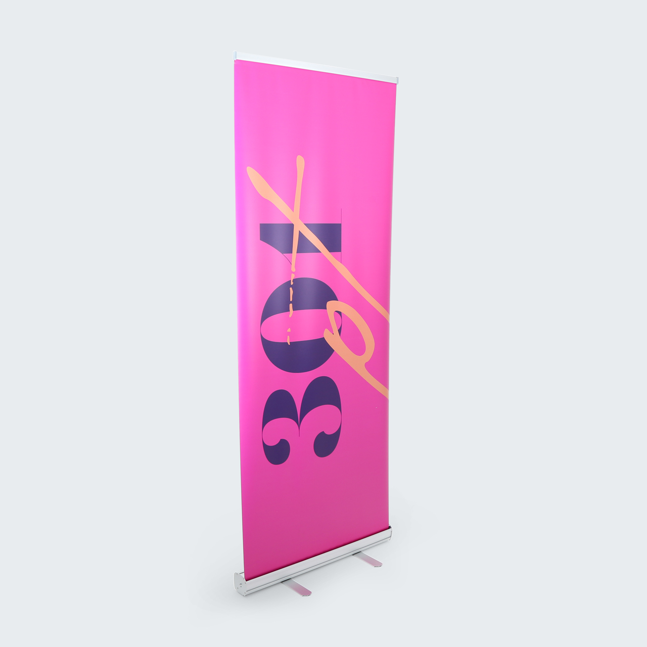 A retractable banner printed with 301 pt in black and yellow on a pink background.