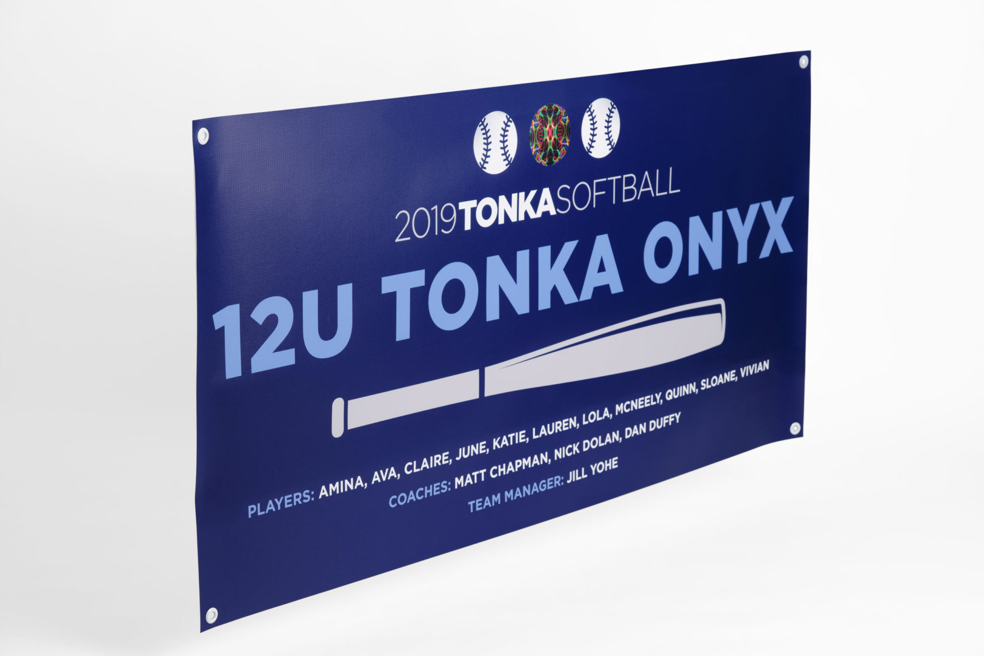 A custom banner printed with a blue background and 12U Tonka Onyx in light blue.