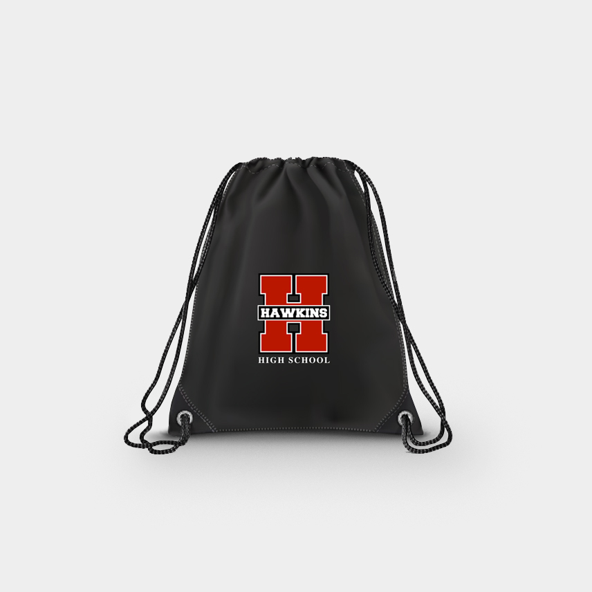 A black drawstring bag printed with the Hawkins High School name and logo.