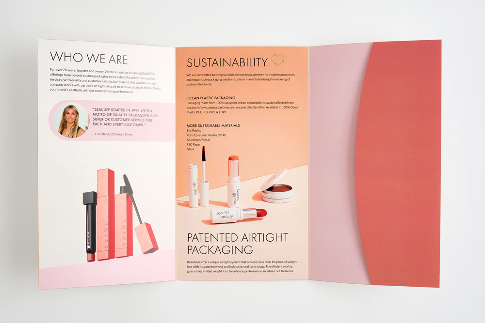 A piece of custom direct mail unfolded with a tri-fold format and images of and details about makeup.