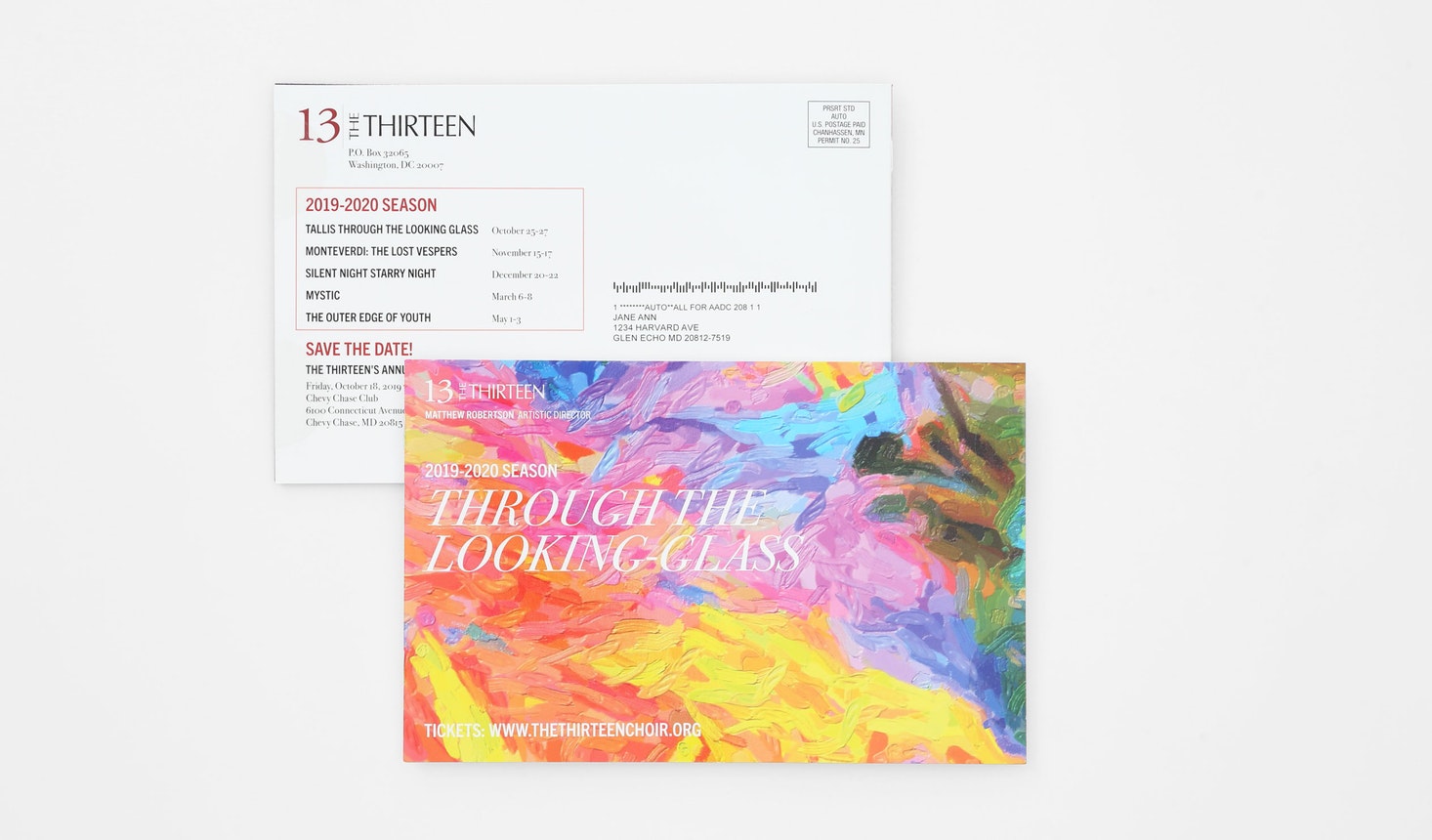 A direct mail postcard printed with a bright, colorful design on the front and event listings on the back.