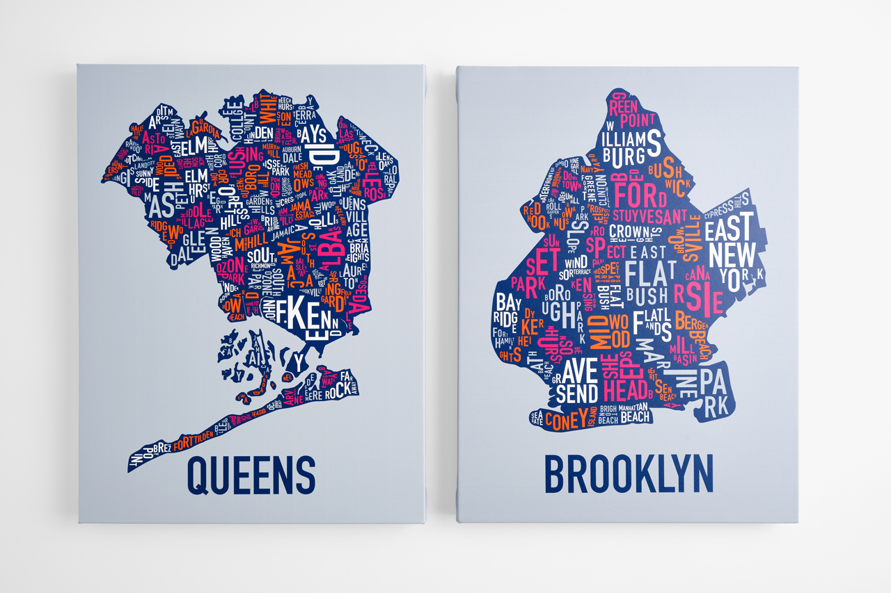 Two canvas prints with custom art of the Queens and Brooklyn boroughs in pink, orange, white and blue.