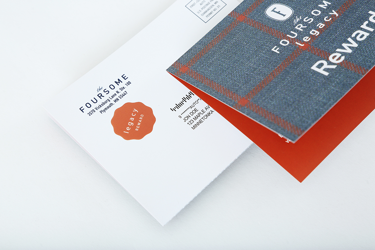 Two direct mail cards overlapping each other with The Foursome and a red, blue and white design.