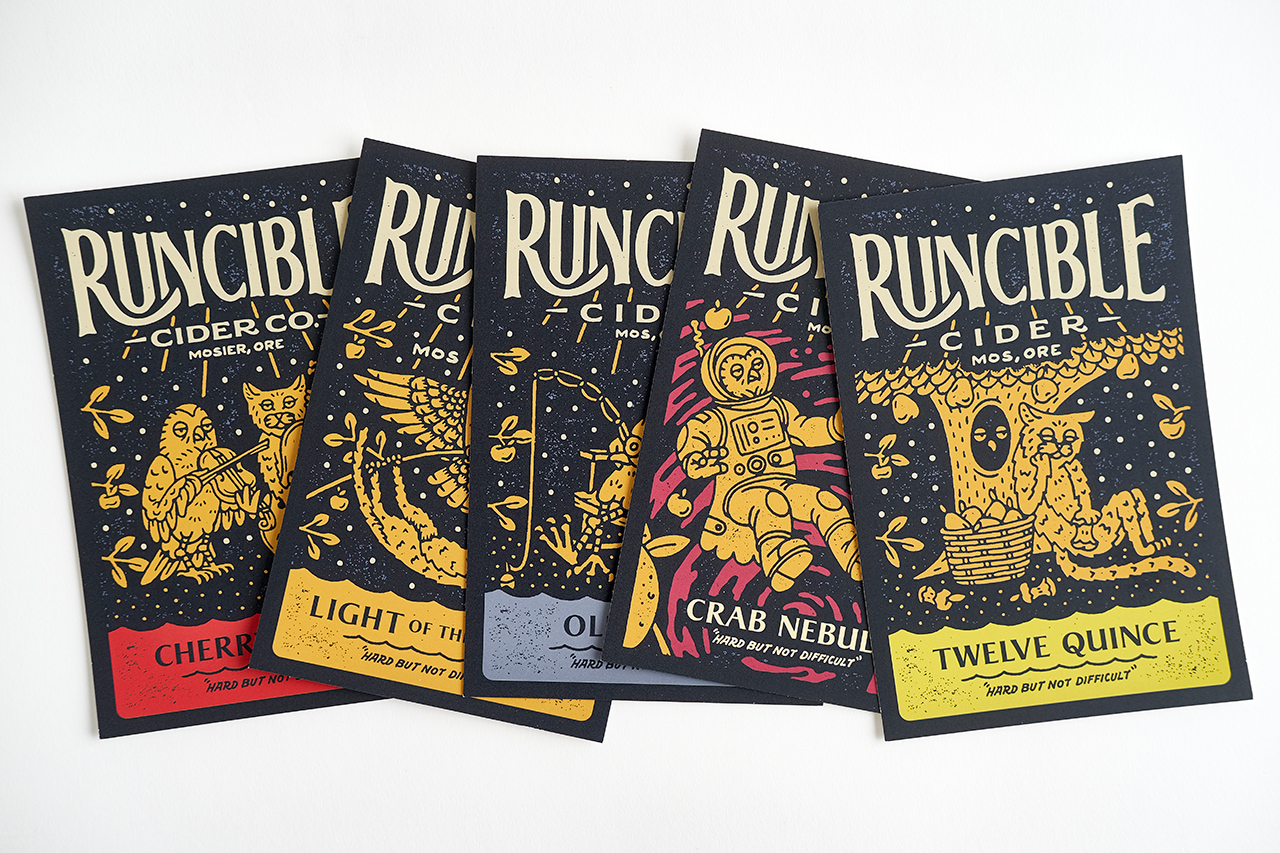 Five custom postcards with Runcible Cider and animal designs on black, gold, blue and red.