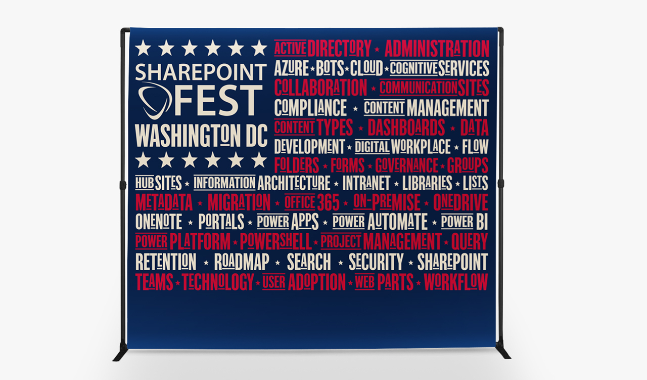 A step and repeat banner printed with Sharepoint Fest in red, white and blue.