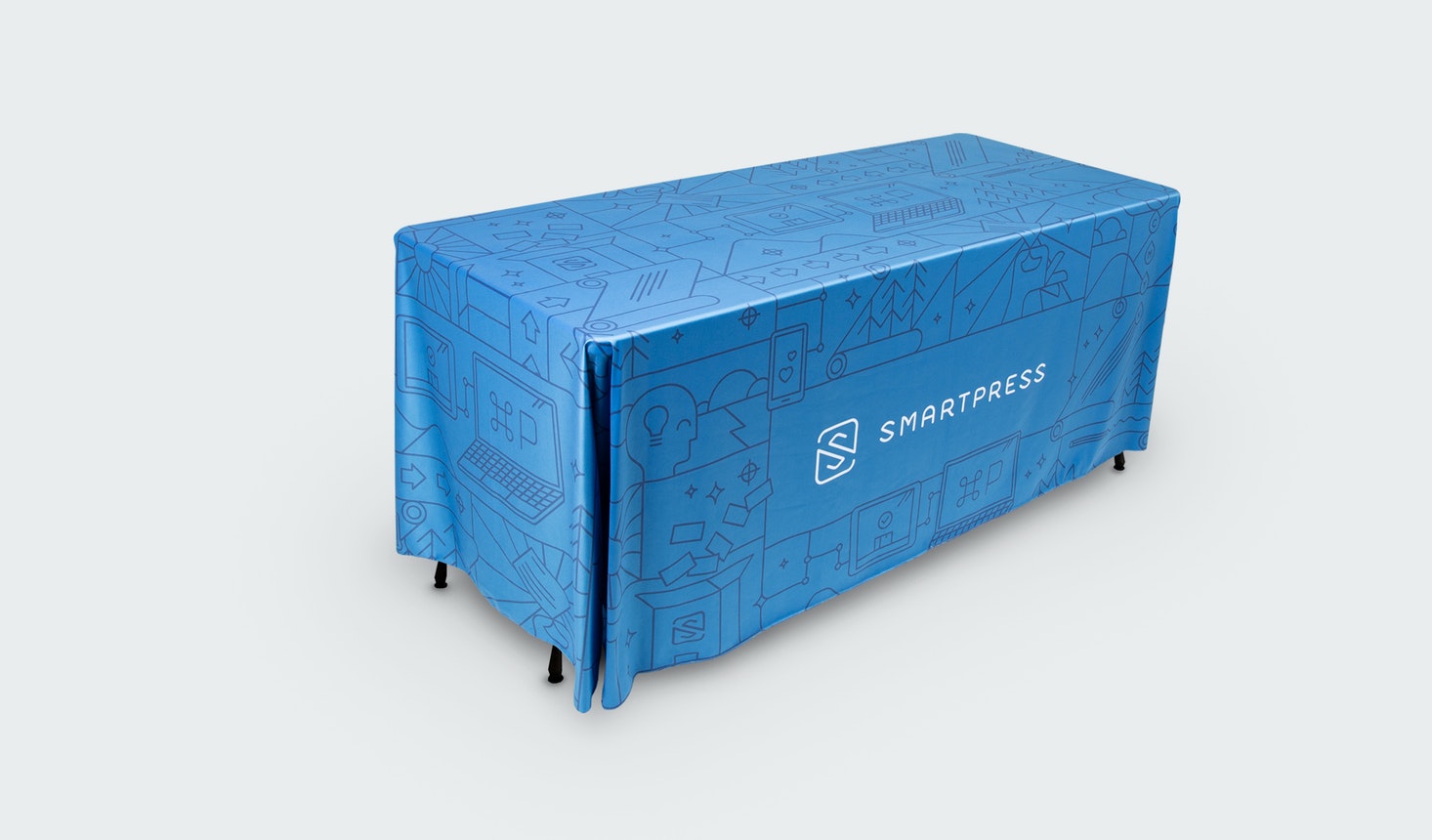 A table covered with a custom table throw printed with a blue background and Smartpress in white.