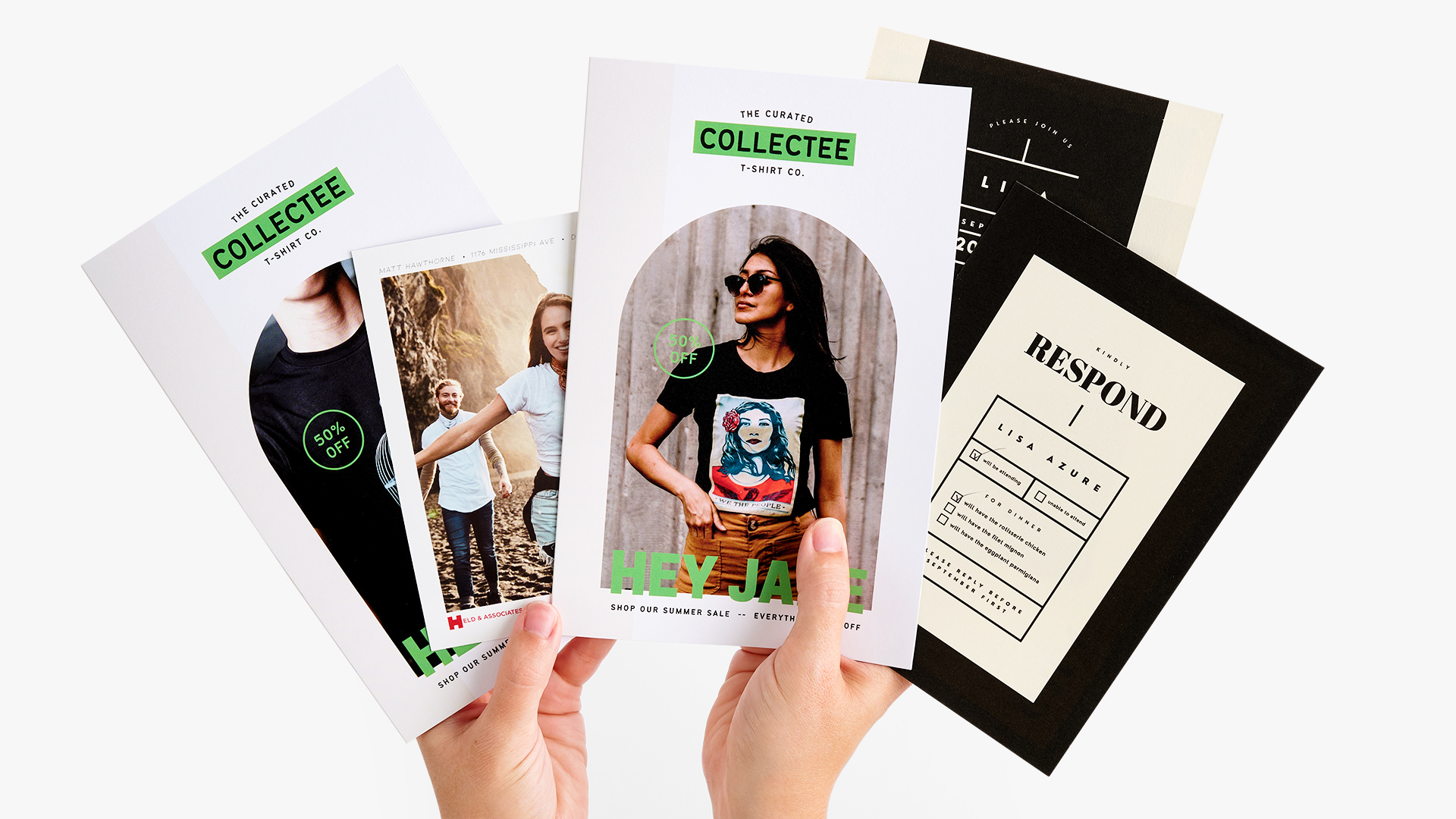 Two hands holding five print products with variable data details.