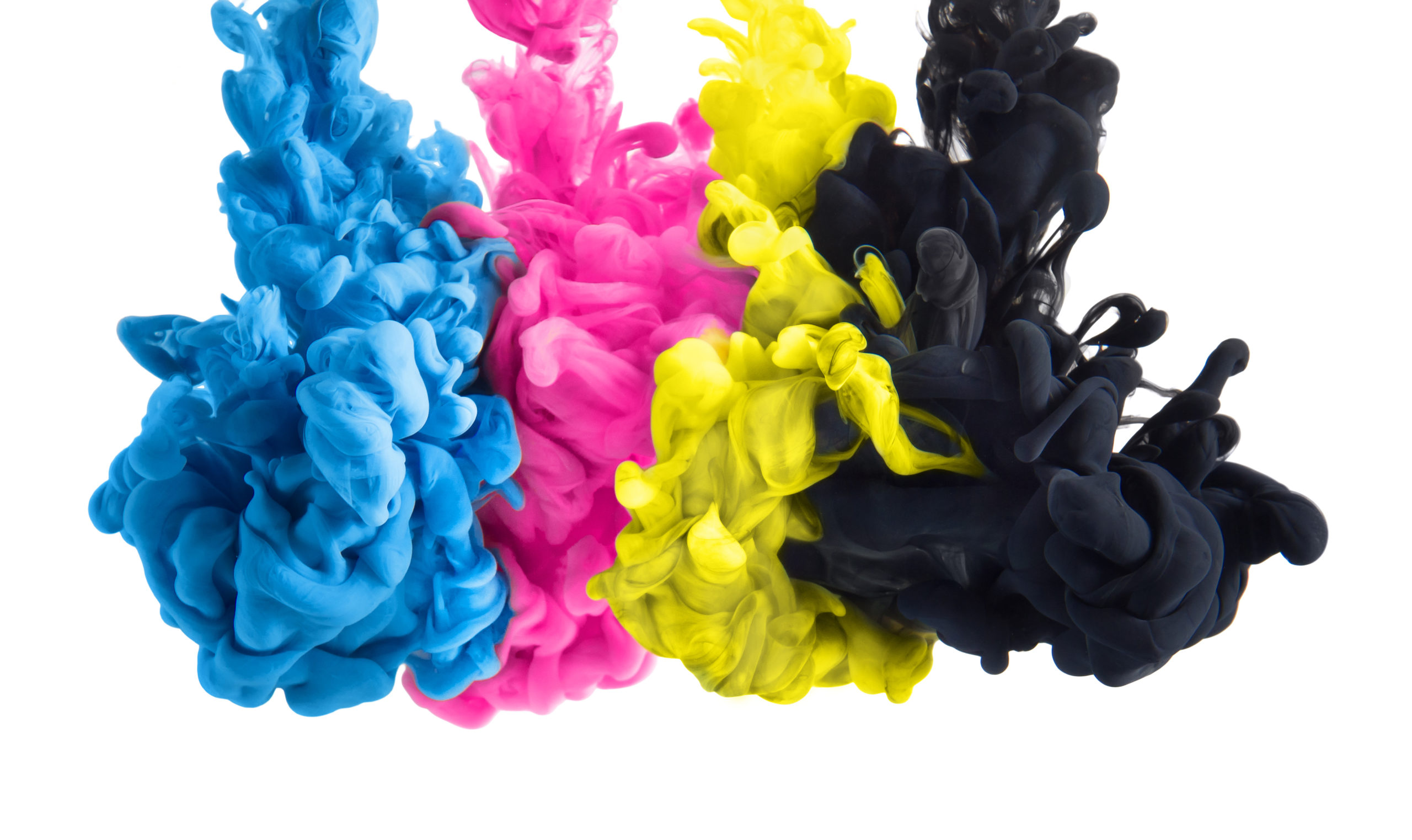 Four lines of smoke billowing out in blue, pink, yellow and black.