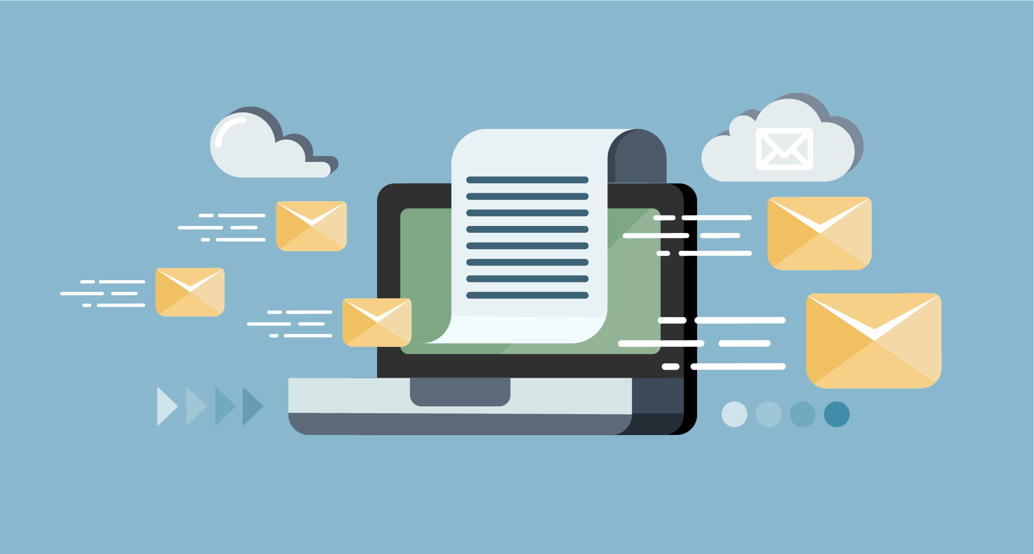 An illustration of a laptop with a document hanging over it and mail flying to the right.
