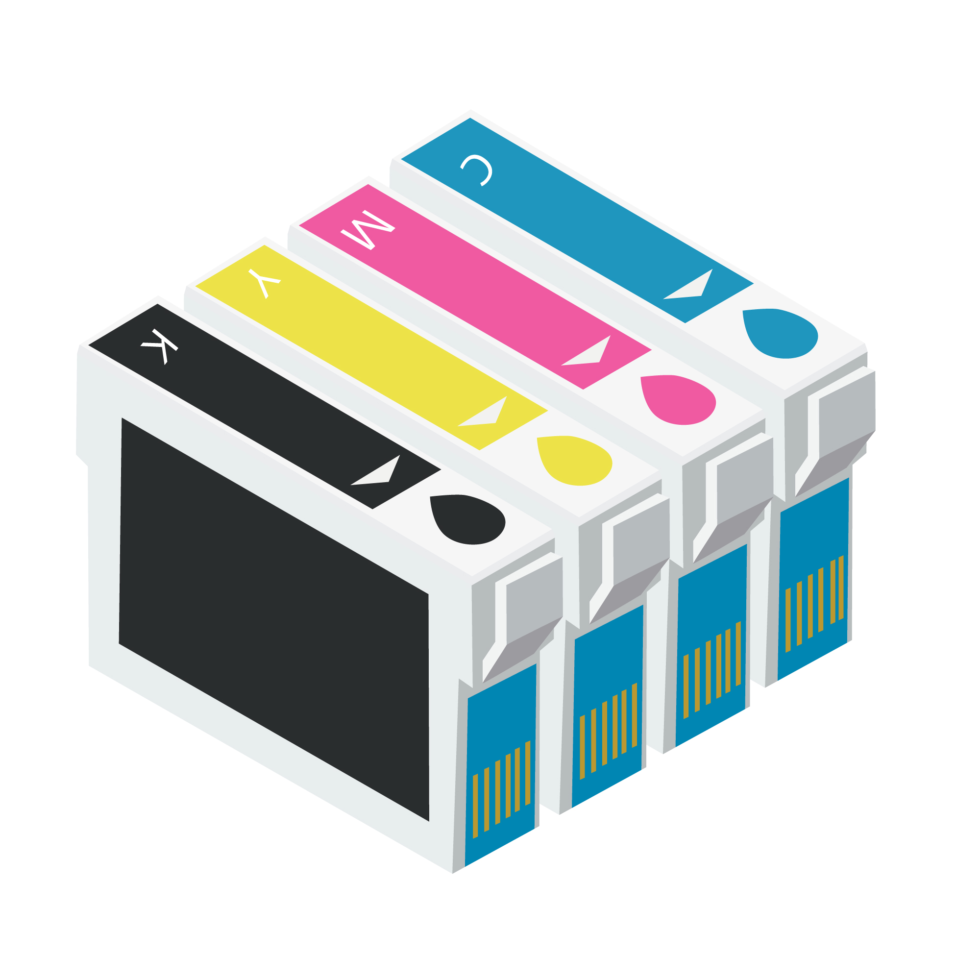 Four print toner ink cartridges in black, yellow, magenta and cyan.