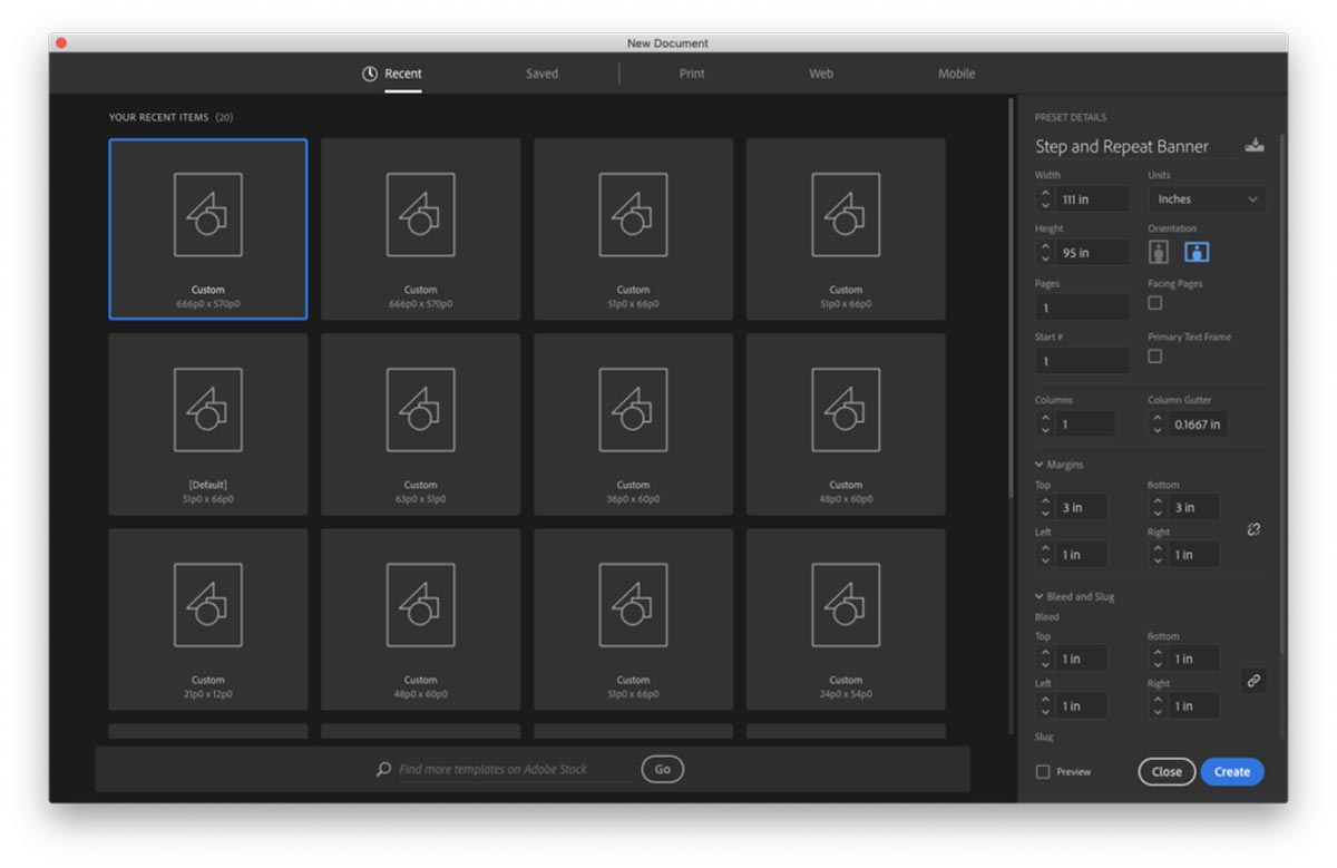 The InDesign panel for starting a new document.